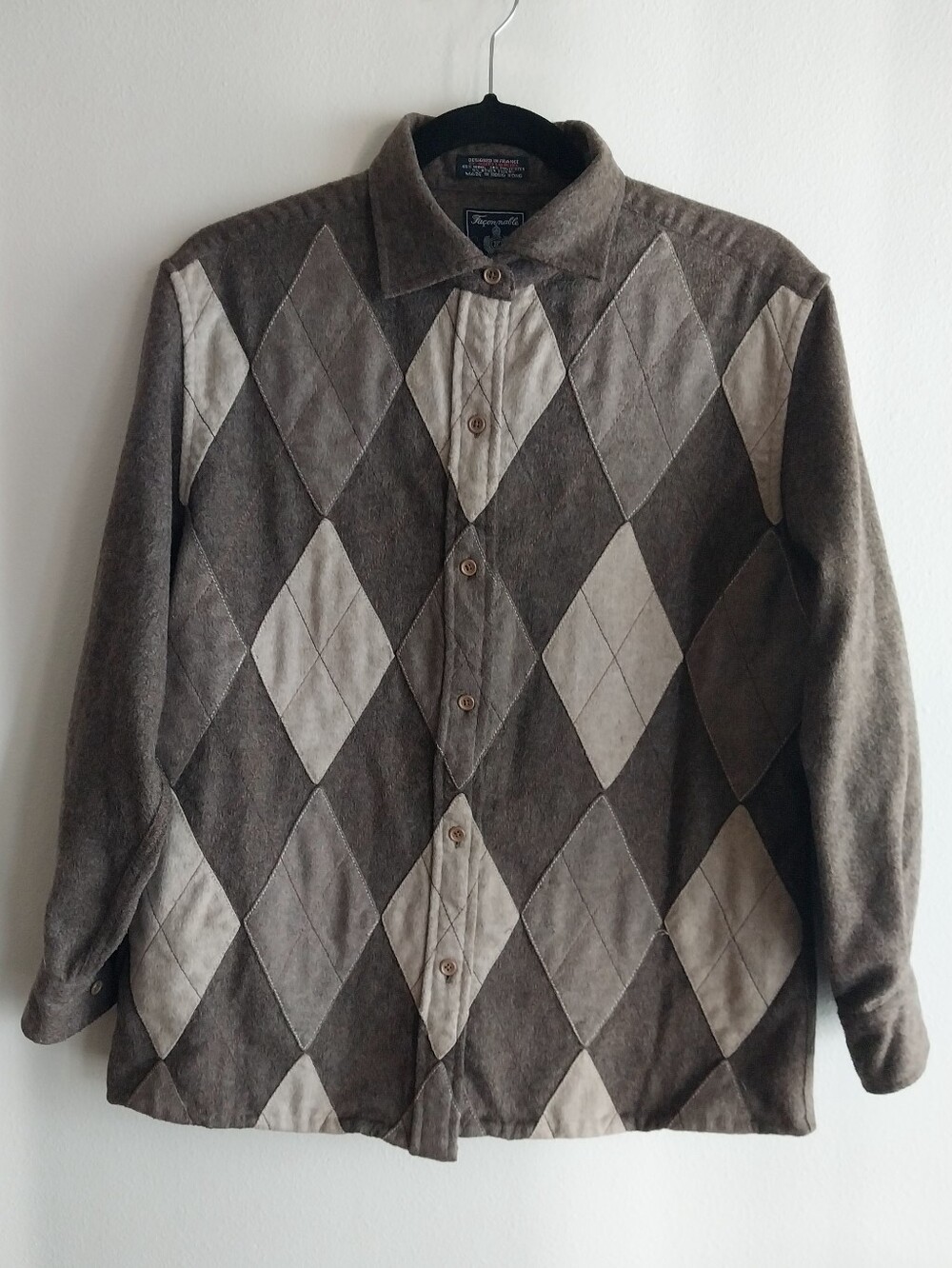 Faconnable Vintage Brown & Tan Preppy Argyle Wool Blend Button Down Shacket